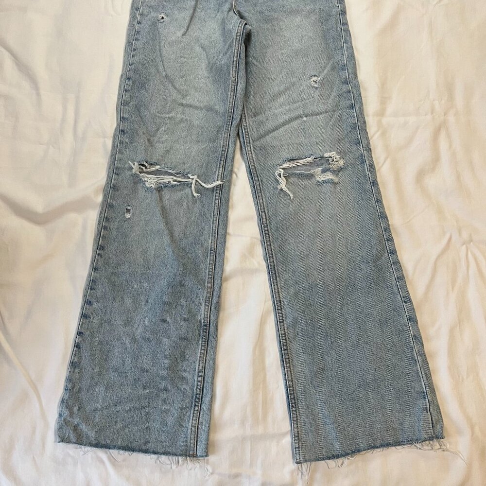 Zara Hi-Rise Cropped Wide Leg Distressed Light Wash Denim Jeans | Size 4 - Picture 5 of 10